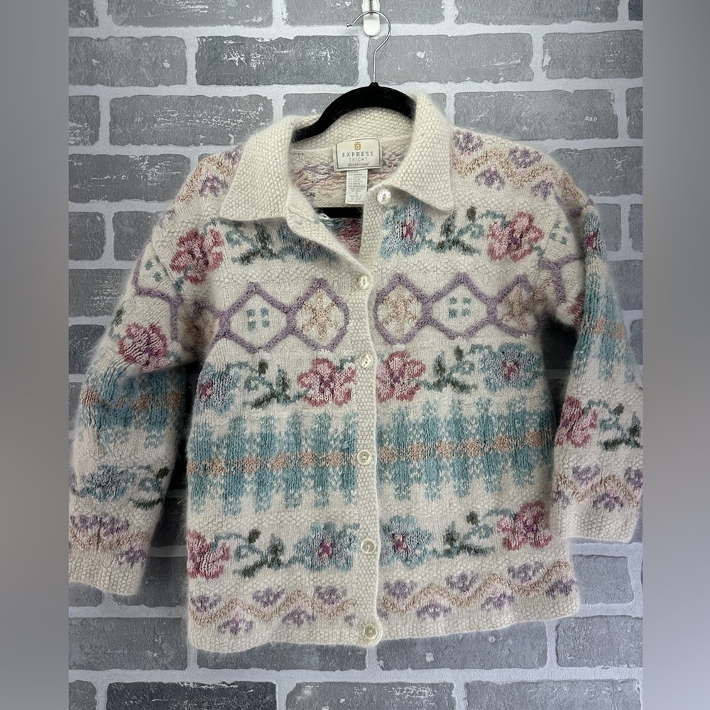 Express Tricot Handknitted Cardigan Sweater Silk Angora Pastels Women's Size S